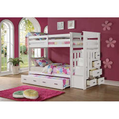 97" X 43" X 68" Twin Over Twin White Storage Ladder And Trundle  Bunk Bed