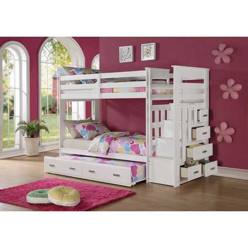 97" X 43" X 68" Twin Over Twin White Storage Ladder And Trundle  Bunk Bed