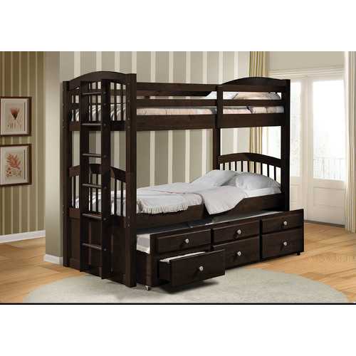 80" X 41" X 71" Espresso Twin Over Twin Bunk Bed And Trundle With 3 Drawers