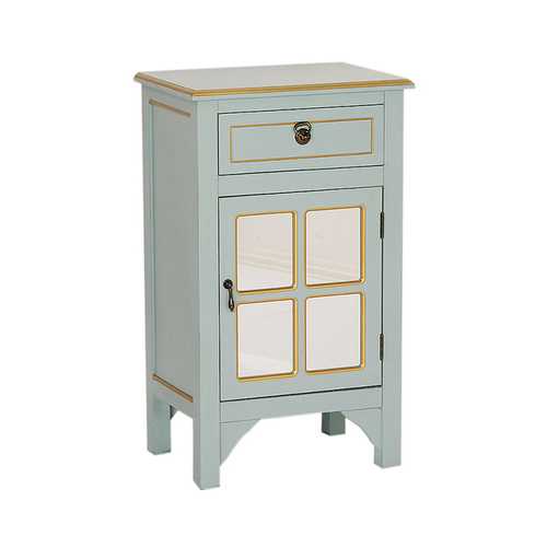 18" X 13" X 30" Light Blue W  Gold MDF  Wood  Mirrored Glass Accent Cabinet with a Drawer and a Gold Door