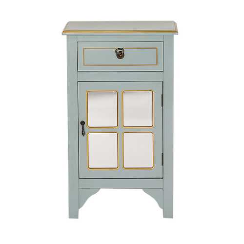 18" X 13" X 30" Light Blue W  Gold MDF  Wood  Mirrored Glass Accent Cabinet with a Drawer and a Gold Door