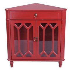 31" X 17" X 32" Red MDF  Wood  Clear Glass Corner Cabinet with a Drawer Doors and Hexagonal Inserts
