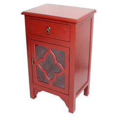 18" X 13" X 30" Red MDF  Wood  Clear Glass Accent Cabinet with a Drawer and  Door and Quatrefoil Inserts