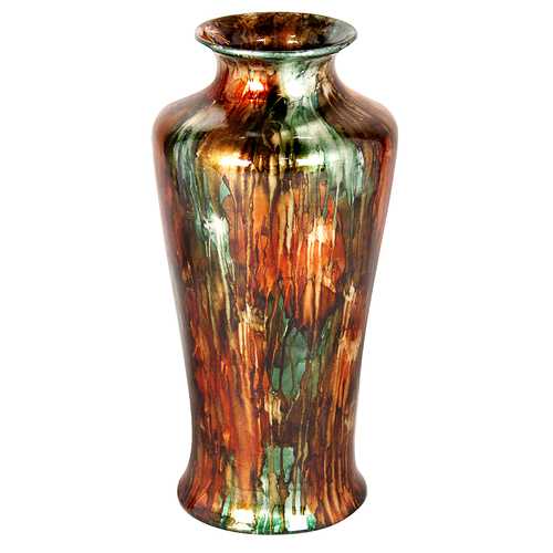 7" X 7" X 24.5" Turquoise Copper And Bronze Ceramic Foiled and Lacquered Ceramic Floor Vase