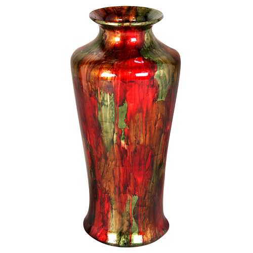 7" X 7" X 24.5" Green Red And Copper Ceramic Foiled and Lacquered Ceramic Floor Vase