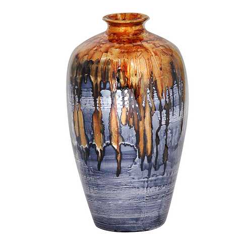 10.5" X 10.5" X 19" Copper And Pewter Ceramic Foiled and Lacquered Ceramic Vase