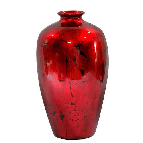 10.5" X 10.5" X 19" Red Ceramic Foiled and Lacquered Ceramic Vase