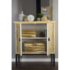 31.5" X 15" X 33.8" White Washed Parquet Iron Wood MDF Sideboard with an Iron Frame and Wood Doors