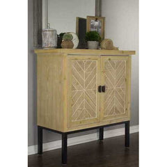 31.5" X 15" X 33.8" White Washed Parquet Iron Wood MDF Sideboard with an Iron Frame and Wood Doors