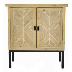 31.5" X 15" X 33.8" White Washed Parquet Iron Wood MDF Sideboard with an Iron Frame and Wood Doors