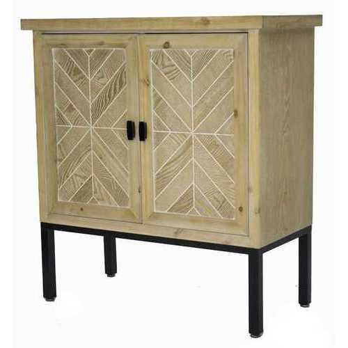 31.5" X 15" X 33.8" White Washed Parquet Iron Wood MDF Sideboard with an Iron Frame and Wood Doors