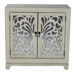 32" X 14" X 32" Ivory MDF  Wood  Mirrored Glass Sideboard with  Doors and Mirror Inserts