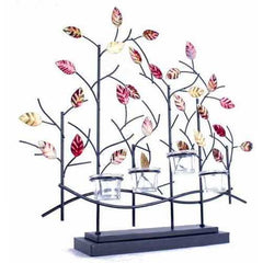 22.5" X 5" X 25.5" Copper Red And Gold Metal Tree Foiled And Lacquered Votive Holder