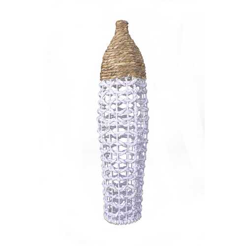 11" X 11" X 38" White And Natural Water Hyacinth Water Hyacinth Woven Floor Vase