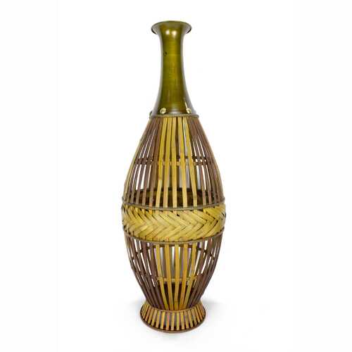 11.5" X 11.5" X 33.25" Gray with Distressed Wood Bamboo Metal Vase with a Decoaritve Band