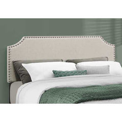 64.25" x 85.25" x 45.5" Beige Foam Solid Wood Linen Queen Size Bed with a Brass Trim