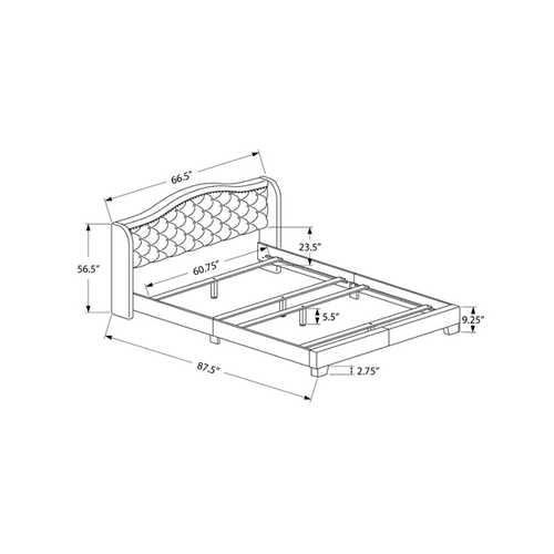 66.5" x 87.5" x 56.5" Dark Grey Foam Solid Wood Velvet Queen Size Bed With A Chrome Trim