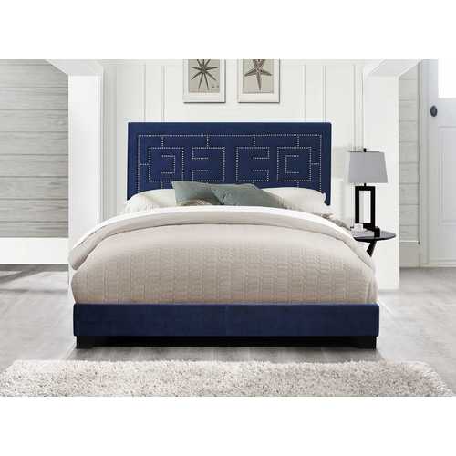 64" X 86" X 50" Dark Blue Velvet Upholstered Bed Wood Leg Queen Bed