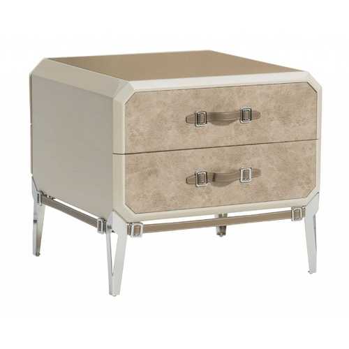 18" X 28" X 25" Vintage Beige PU Wood Upholstered (Front) Metal Leg Veneer (Melamine) Nightstand