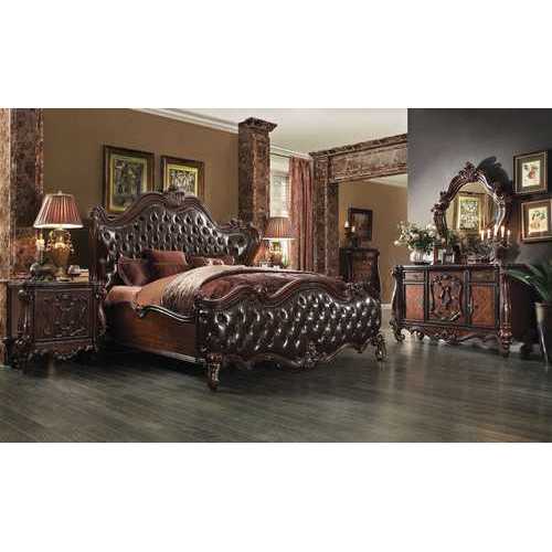 88" X 101" X 76" 2-Tone Dark Brown PU Cherry Oak Wood Poly Resin Upholstery California King Bed