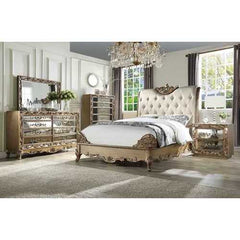 85" X 107" X 71" Champagne PU Antique Gold Wood Upholstered HB California King Bed