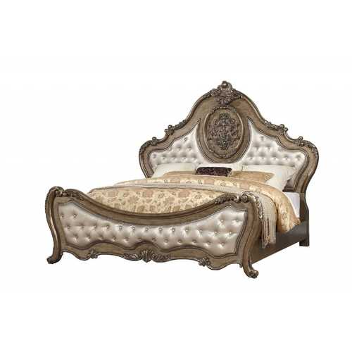 89" X 89" X 76" PU Vintage Oak Wood Upholstery King Bed