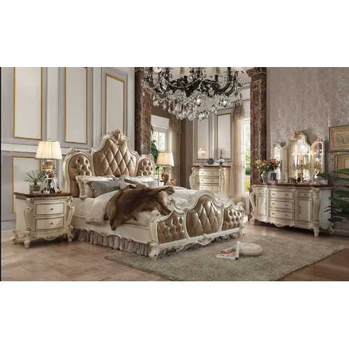 74" X 89" X 78" PU Antique Pearl Wood Poly Resin Upholstery Queen Bed