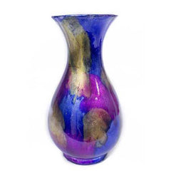 6.25" X 6.25" X 12.75" Blue Yellow Purple Ceramic Foiled and Lacquered Trumpet Vase