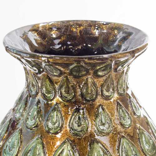 8.75" X 8.75" X 14.25" Turquoise Copper Bronze Ceramic Foiled and Lacquered Pattern Stamped Vase