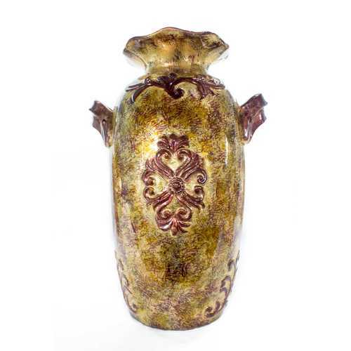Rea Brown Amber Burgundy Green Ceramic Foil and Lacquer Ruffle Vase