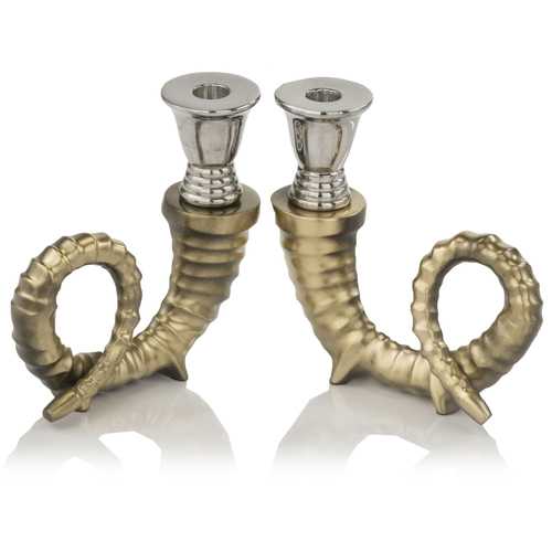 3" x 6.5" x 7.5" Shiny Nickel Gold Candleholders Pair