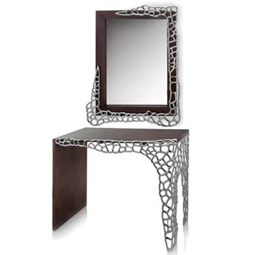17.5" x 43" x 30" Brown and Silver Honeycomb Console Table