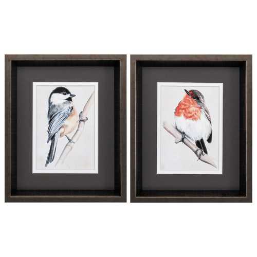 10" X 12" Brushed Silver Frame Bird On Branch (Set of 2)