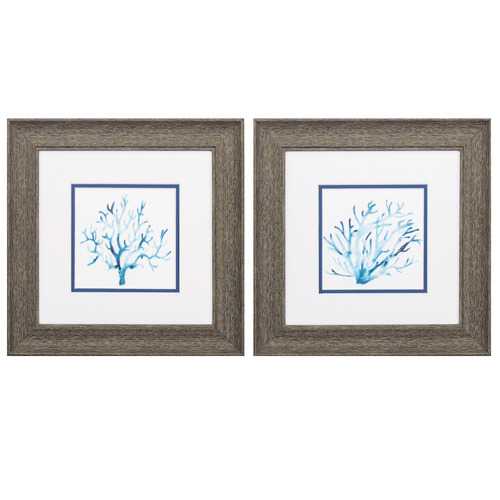 13" X 13" Distressed Wood Toned Frame Azure Seafan (Set of 2)