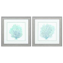 19" X 19" Distressed Wood Toned Frame Teal Coral On White (Set of 2)