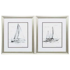 19" X 22" Aged Silver Frame Coastal Boat Sketch (Set of 2)