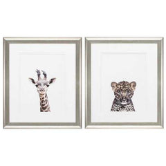 19" X 22" Brushed Silver Frame Giraffe Leopard (Set of 2)