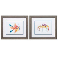 22" X 19" Distressed Wood Toned Frame Fish Crab (Set of 2)