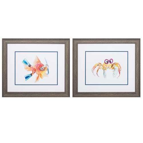 22" X 19" Distressed Wood Toned Frame Fish Crab (Set of 2)