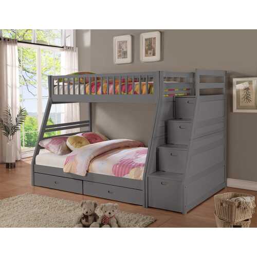 81" X 59" X 65" Grey Manufactured Wood and  Solid Wood Twin or Full Staircase Bunk Bed with Storage