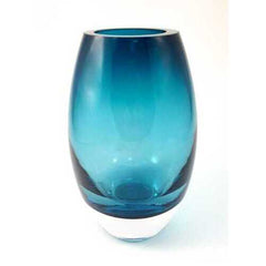 9" Mouth Blown Crystal Peacock Blue Crystal Vase