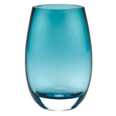 8" Mouth Blown Crystal Oval Thick Peacock Blue Walled Vase