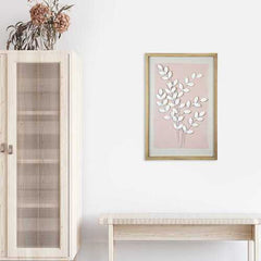 Pink Leaf Wall Art in Ivory Distressed Natural Wood