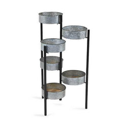 6 Metal Pot s and Wood Base Folding Plant Stand