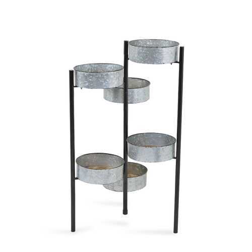 6 Metal Pot s and Wood Base Folding Plant Stand