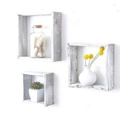 Set of 3 Square Rustic White Wash Wood Open Box Shelve