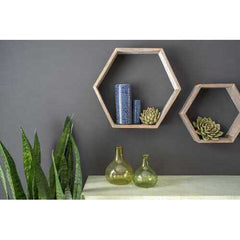 Set of 3 Hexagon Rustic Natural Weathered Grey Wood Open Box Shelve
