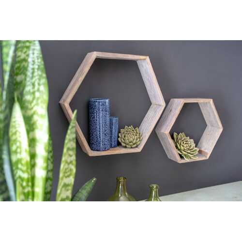 Set of 3 Hexagon Rustic Natural Weathered Grey Wood Open Box Shelve