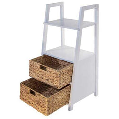 White Wooden Shelving unit   2 Shelves with 2 Basket Weave Drawers