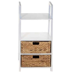 White Wooden Shelving unit   2 Shelves with 2 Basket Weave Drawers